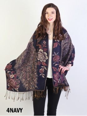 Peacock and Floral Print Pashmina W/ Tassels